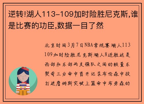 逆转!湖人113-109加时险胜尼克斯,谁是比赛的功臣,数据一目了然