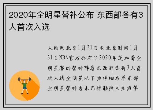 2020年全明星替补公布 东西部各有3人首次入选